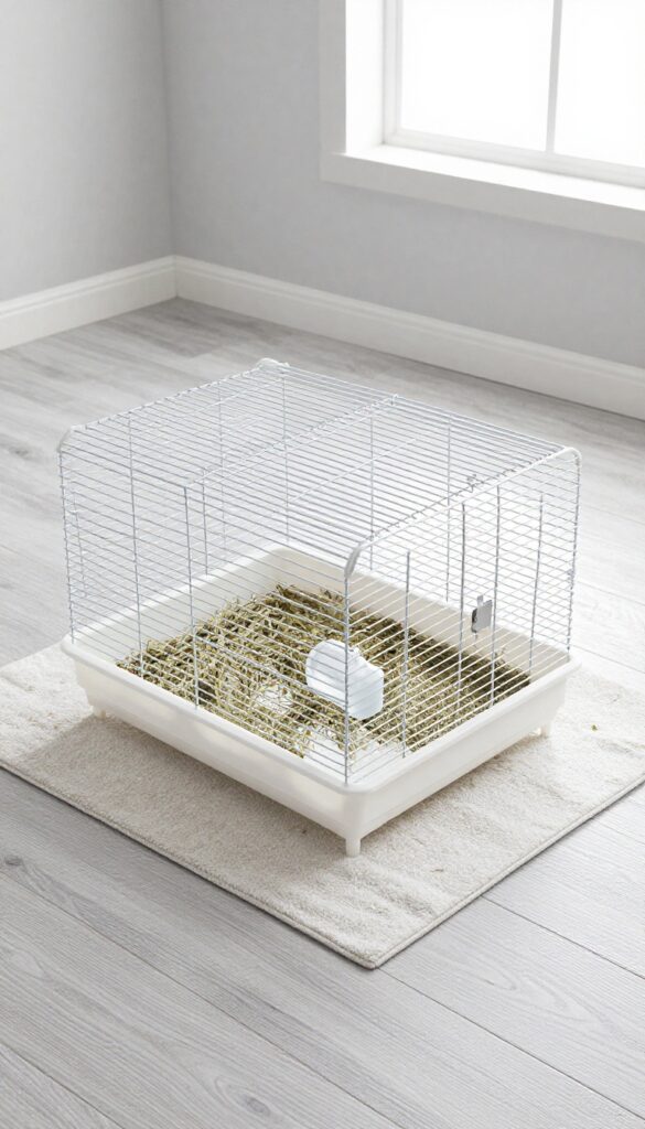 Guinea pig room with waterproof vinyl flooring and a cage on a washable rug