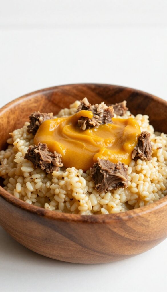 Homemade lamb and barley comfort mash for dogs in a wooden bowl, topped with pumpkin puree.
