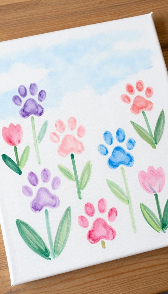Dog paw print flower garden art on canvas