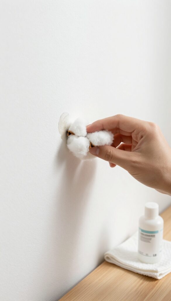 Hand blotting an ink stain on a white wall with a cotton ball and rubbing alcohol