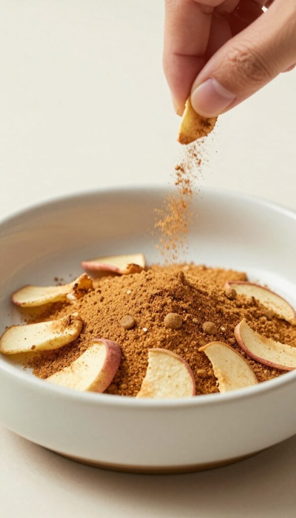 Homemade apple cinnamon treat dust being sprinkled over dog kibble in a bowl, with a small bowl of the dust nearby.