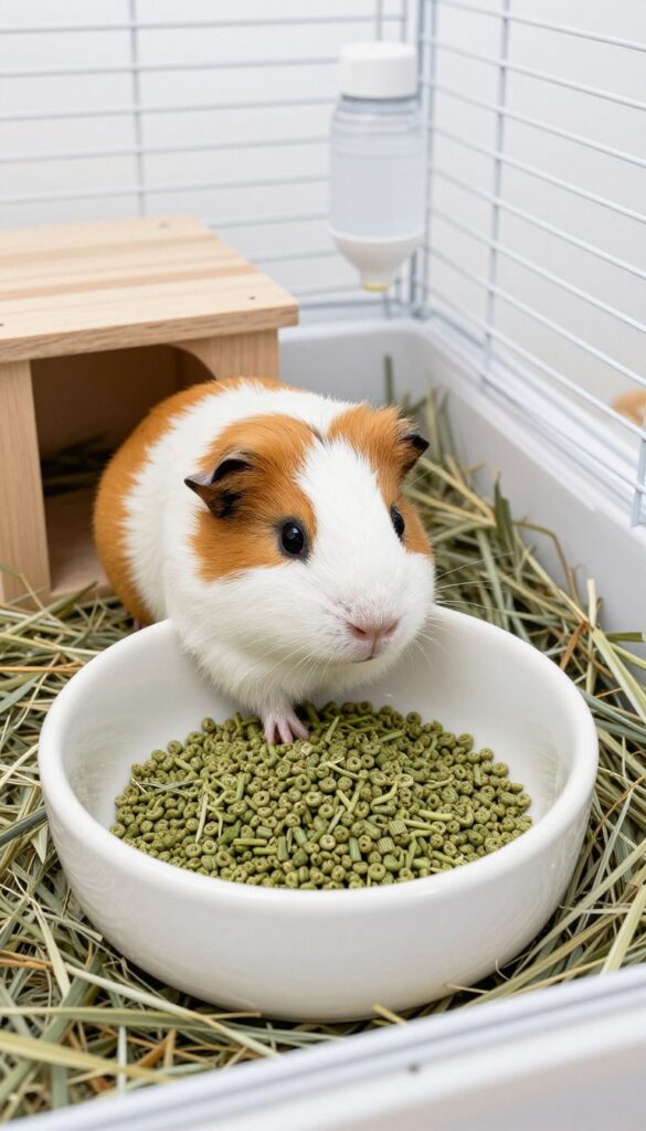 Guinea pig cage with heavy ceramic food bowl, hay, and hideout