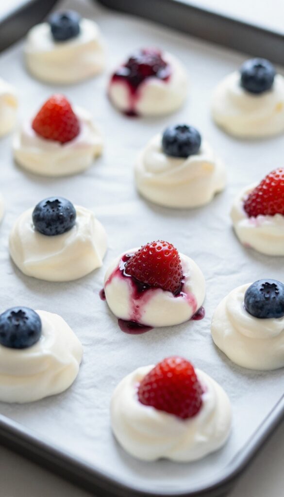 Homemade frozen yogurt and berry drops for dogs, arranged on a parchment-lined baking sheet.