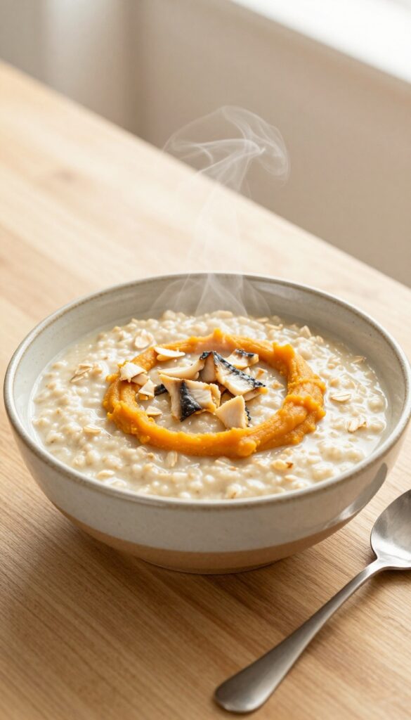 Dog bowl of mackerel and oatmeal porridge with pumpkin puree, warm and creamy, on a wooden table in natural light.