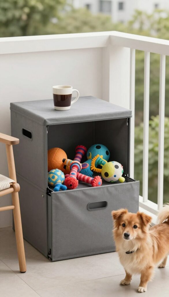 Weatherproof toy storage bin on a small apartment patio, serving as a side table with a coffee mug on top, dog toys visible inside.