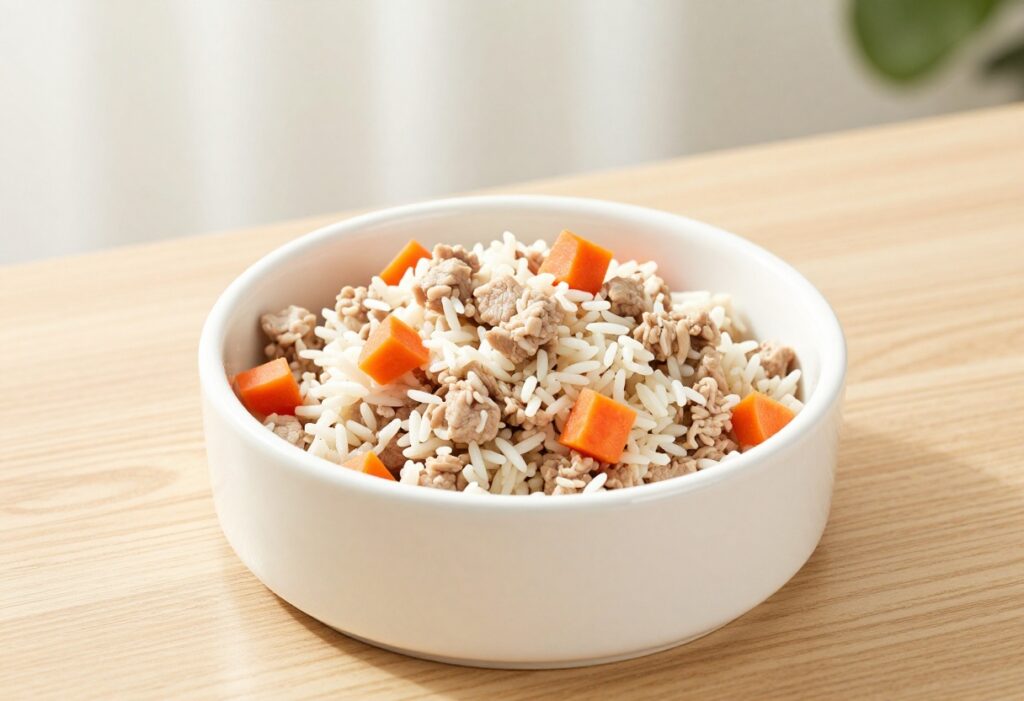 Homemade pork and rice dog food in a white bowl on a wooden table
