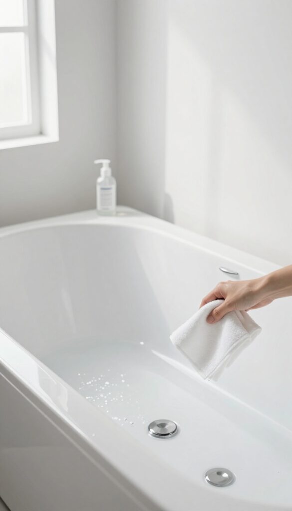 Shiny acrylic bathtub being wiped with a cloth and rubbing alcohol for a streak-free finish.