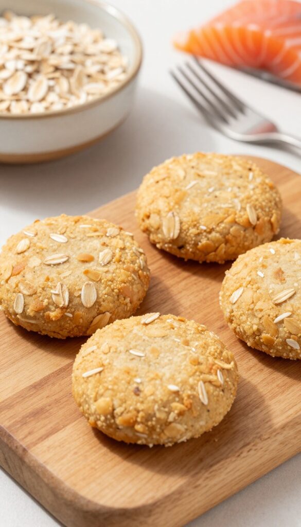 Three small homemade salmon and oatmeal dog treat patties on a wooden board, with a bowl of oats and flaked salmon in the background.
