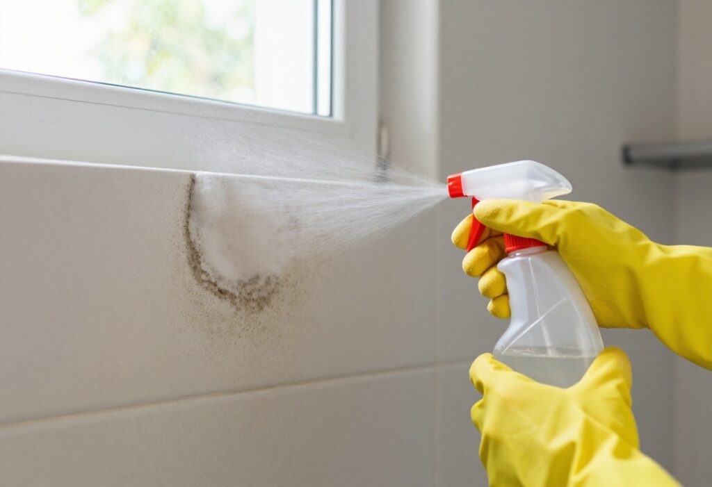 Person in protective gear cleaning mold from a bathroom wall