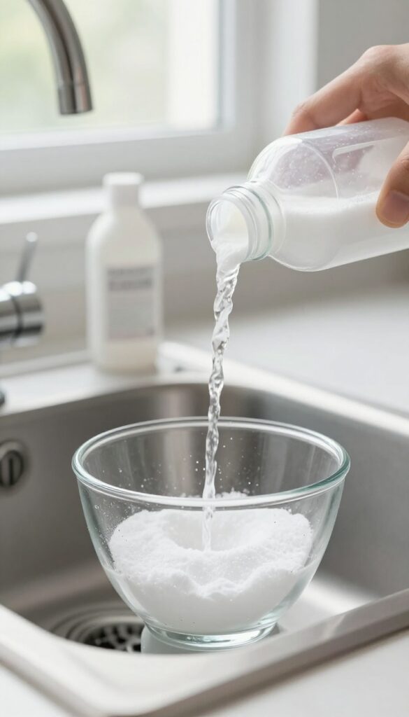 Pouring baking soda into a kitchen sink drain with vinegar nearby for a natural cleaning solution.