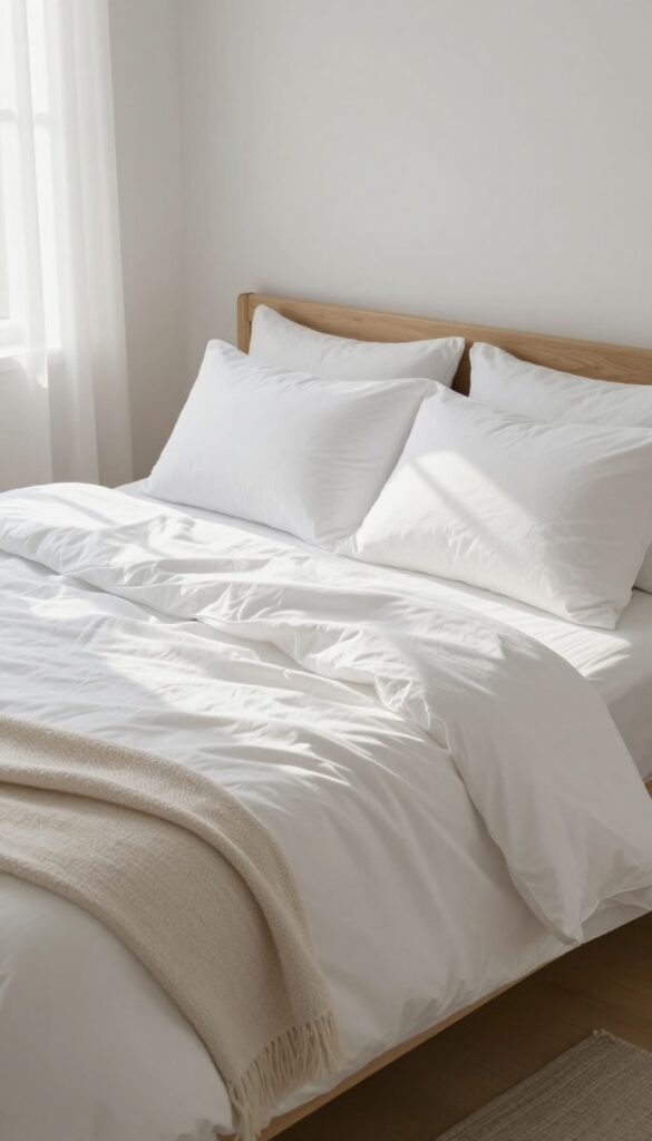 A neatly made bed with white linens and pillows in a bright, serene bedroom.