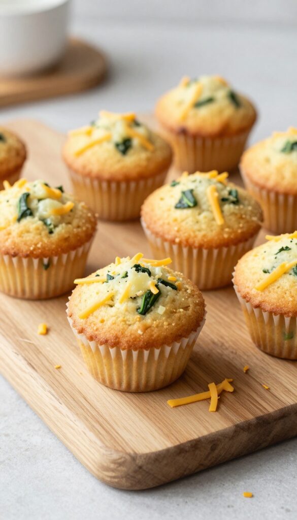 Homemade cheese and spinach mini muffins for dogs arranged on a wooden board with cheese shavings.