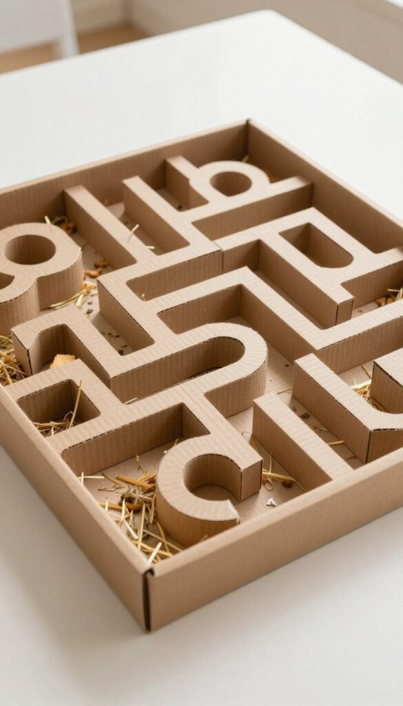 Shoe box maze for guinea pigs made from plain cardboard boxes with circular openings, hay and treats inside, natural light.