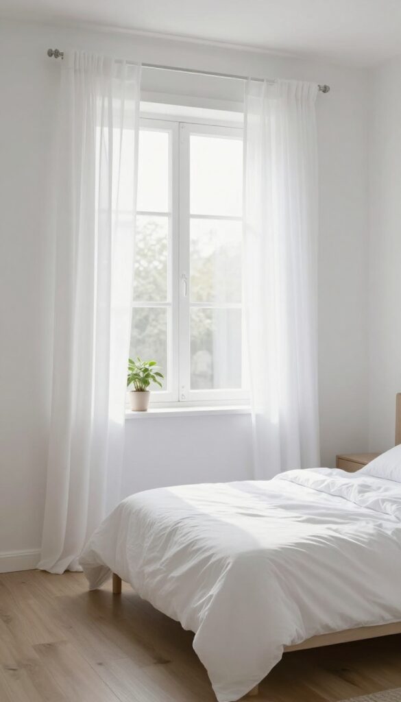 A bright bedroom with an open window, white curtains blowing in the breeze, and sunlight filling the room, creating a fresh and clean atmosphere.
