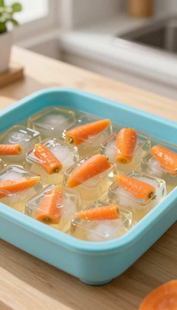 Homemade frozen dog treats: chicken and carrot broth ice cubes in a silicone tray, perfect for puzzle feeders.
