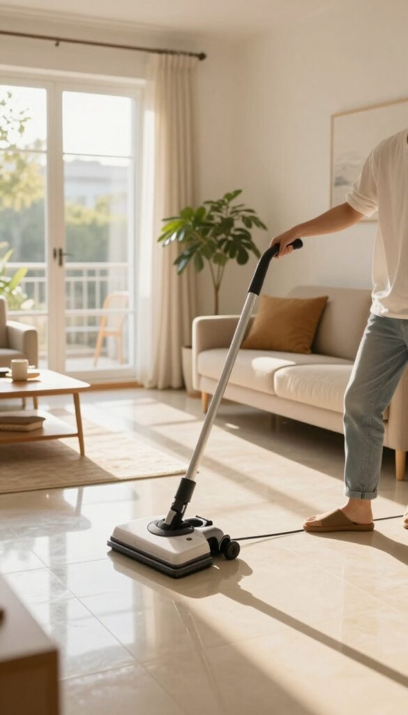 A person steam mopping a tile floor in a bright living room with furniture moved aside.