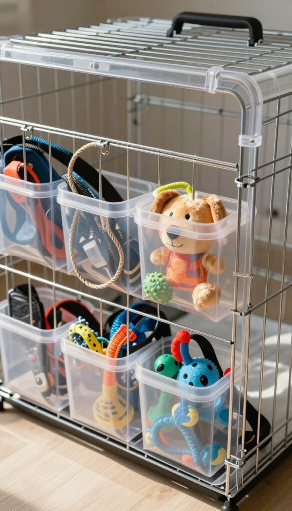 Hanging toy organizer on dog crate with toys and leash