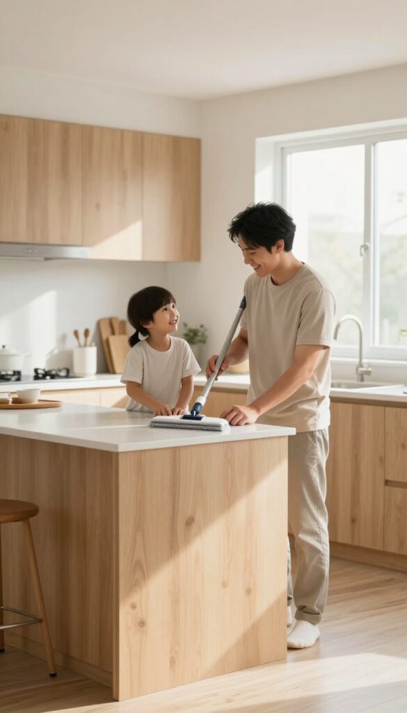 A parent and child sweeping a kitchen floor together with a microfiber dust mop, bright natural light, clean and organized home.