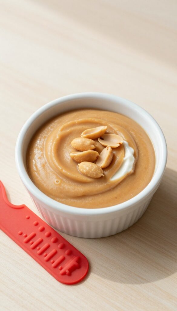 Homemade pumpkin peanut butter lickable paste in a bowl with a lick mat, dog treat recipe