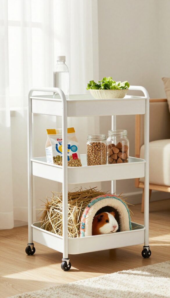 A three-tier rolling cart organized with guinea pig supplies next to a cage, with hay, pellets, and fresh vegetables on separate shelves.