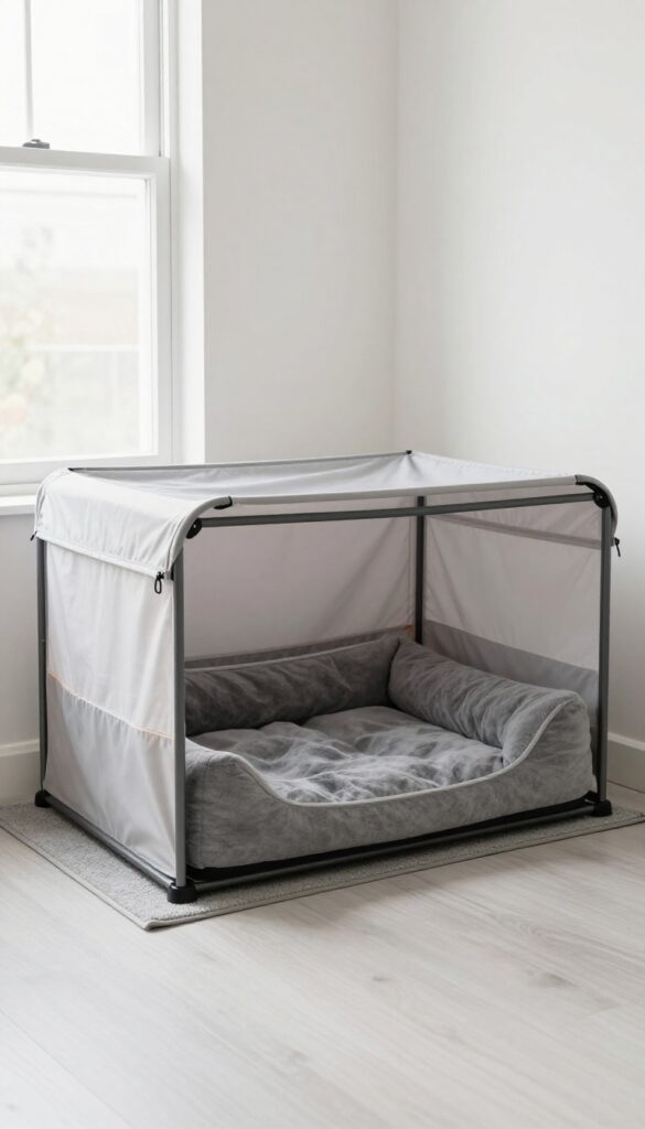 Soft-sided crate made from canopy tent frame with dog bed inside