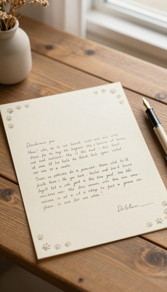 Handwritten letter to a dog on stationery with paw print design, pen and dried flowers on wooden desk