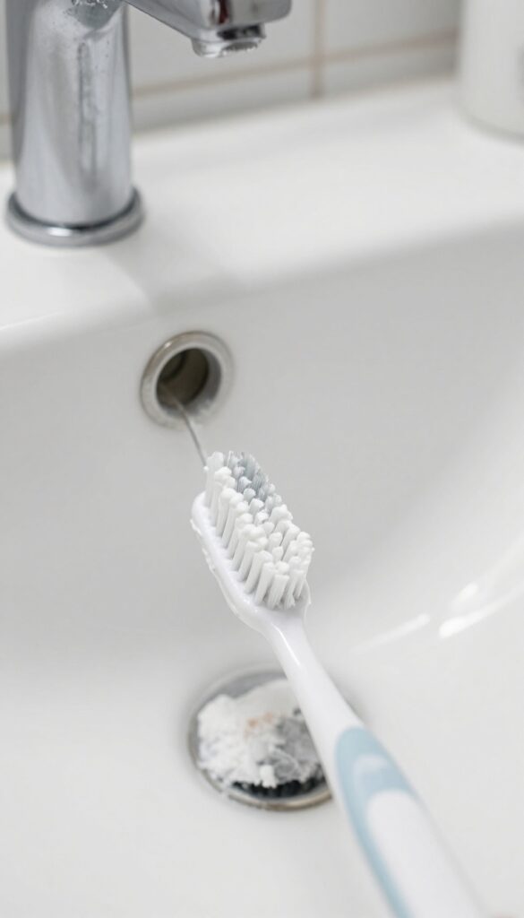 Close-up of a toothbrush scrubbing a tight crevice around a bathroom faucet with baking soda paste.