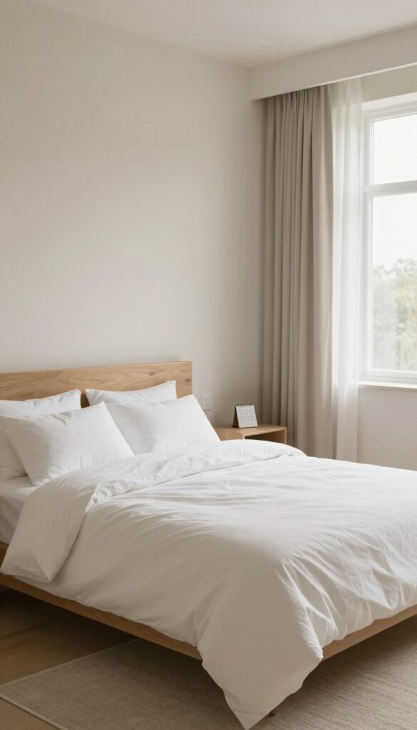 Cozy bedroom with fluffy pillows and a reminder for regular pillow cleaning schedule
