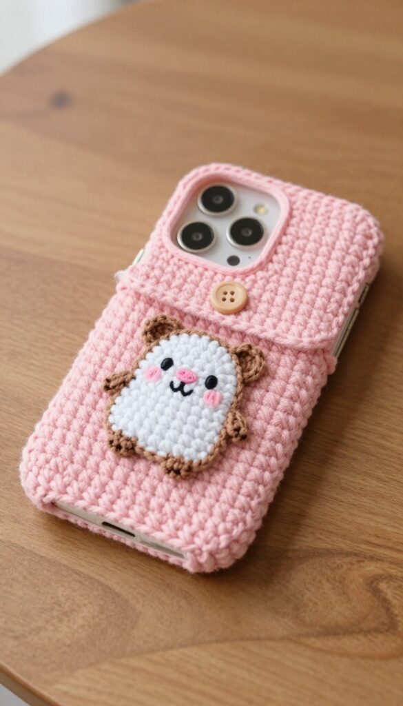 Crochet guinea pig phone case on wooden table