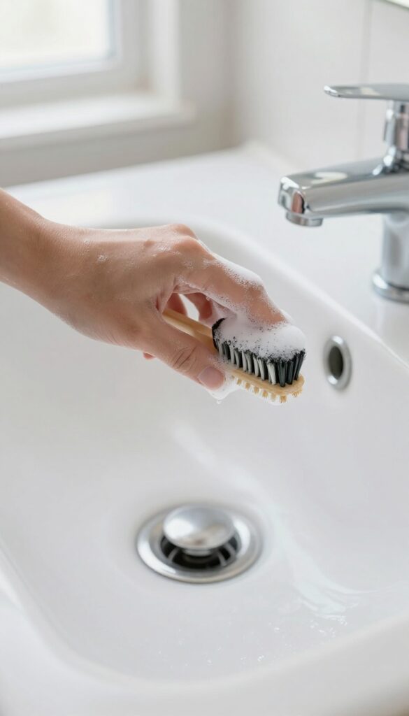 Close-up of a bathroom sink drain cover being scrubbed with a toothbrush and dish soap suds in bright natural light.