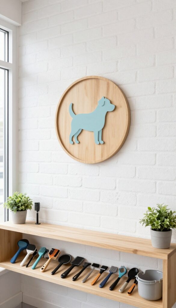 Dog grooming salon with branded wall decor, featuring a wooden logo sign and neatly arranged grooming supplies on a shelf, bright natural light, clean and professional atmosphere.