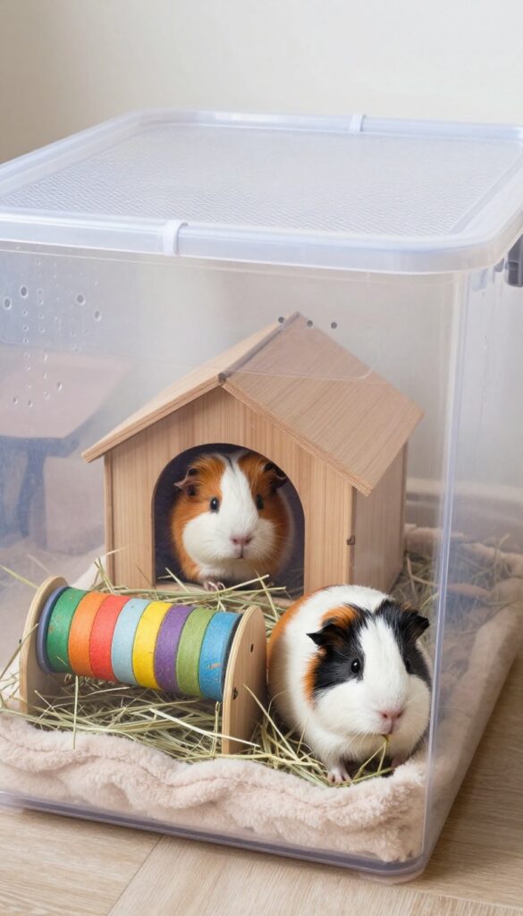 DIY storage bin guinea pig cage with fleece liner, hidey house, tunnel, and hay rack, two guinea pigs inside.