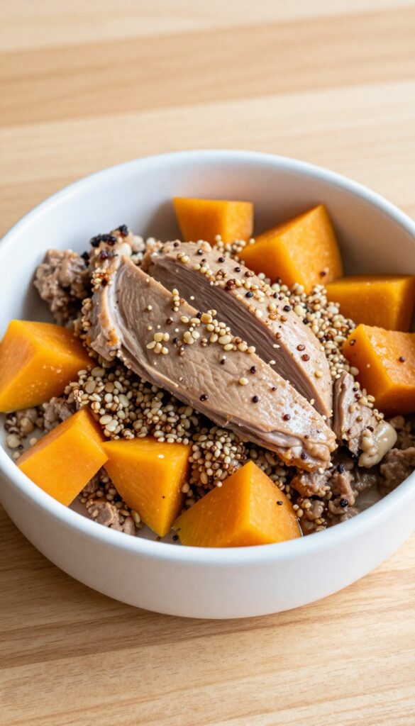 Homemade dog dinner bowl with ground duck, butternut squash, and amaranth in a dog bowl on a wooden table.