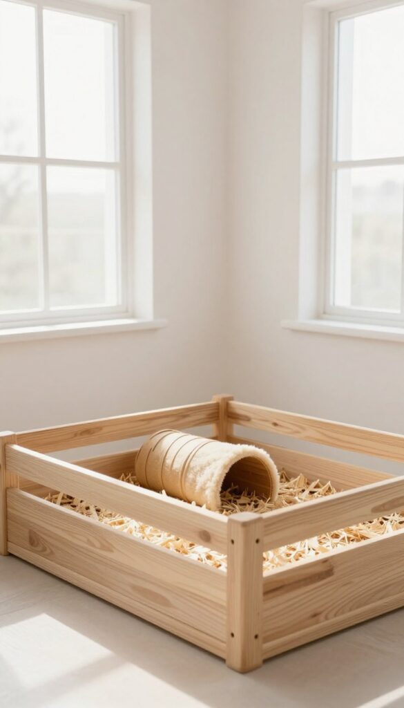 Minimalist Scandinavian guinea pig enclosure with wooden pen, aspen bedding, and simple hideouts in a bright room.