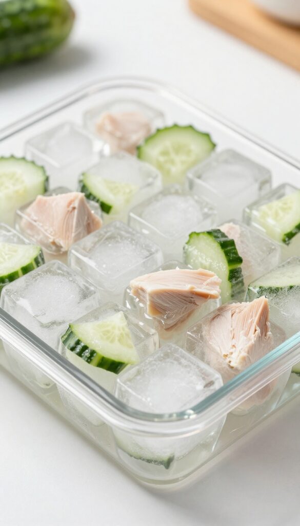 Homemade frozen dog treats: cucumber and chicken broth ice cubes in a tray, perfect for cooling down your pup on hot days.