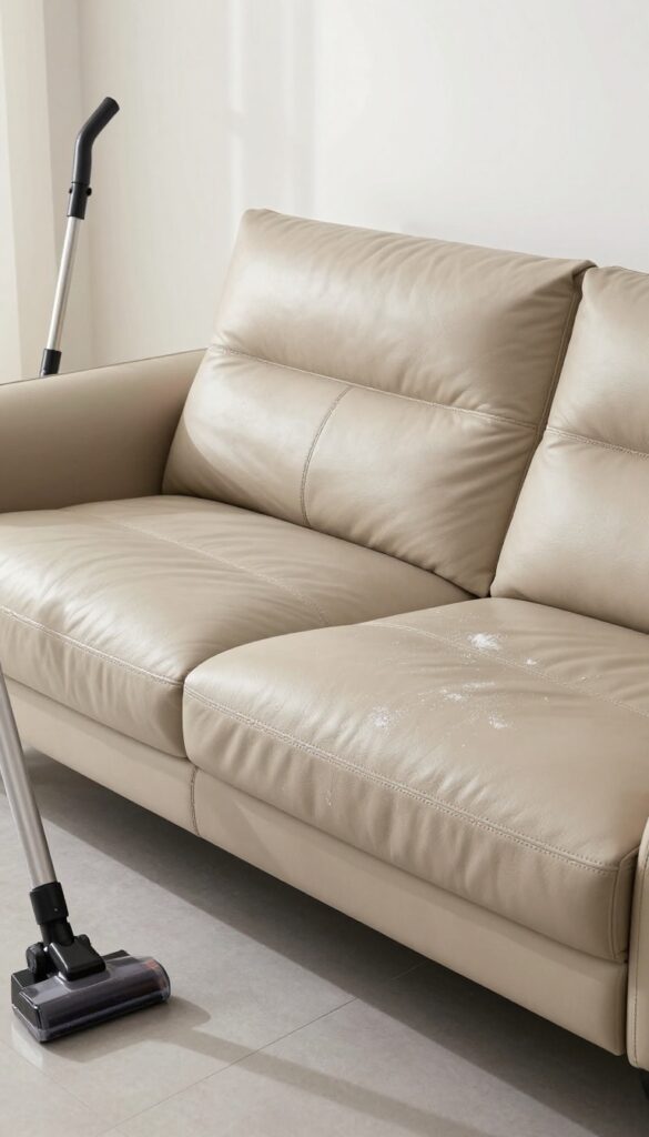 Leather couch with baking soda sprinkled on seats, vacuum cleaner nearby, bright natural light