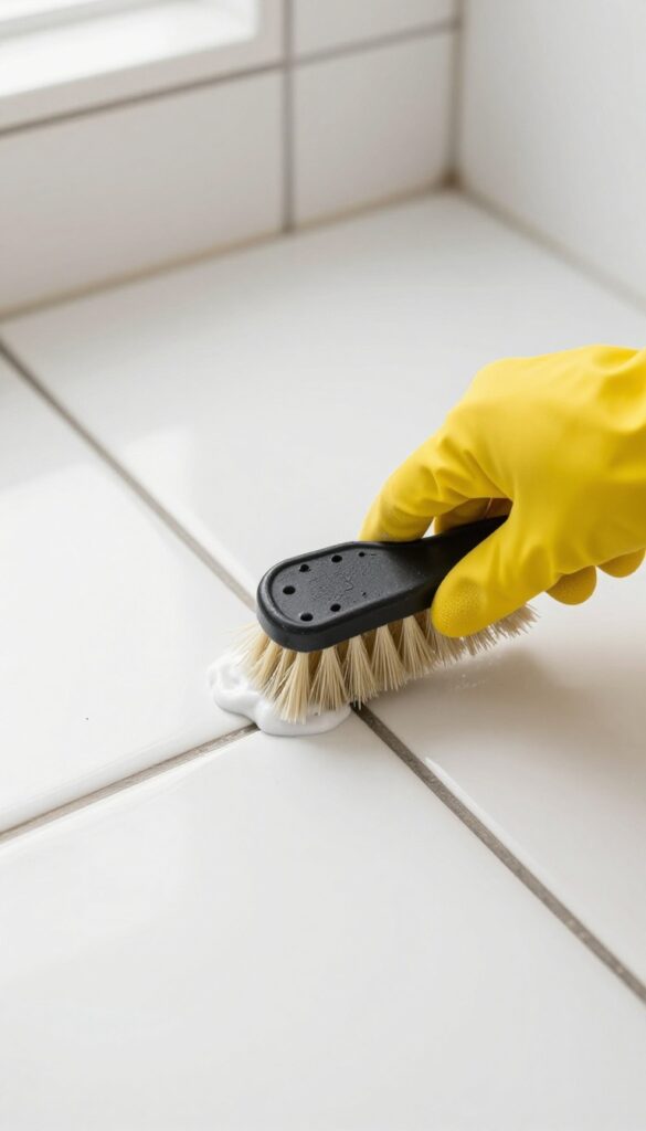 Hand scrubbing shower grout with a stiff brush and cleaning paste