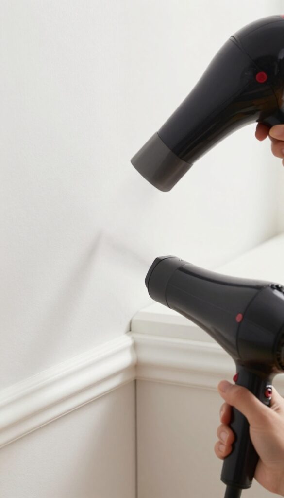 Using a hairdryer on cool setting to blow dust out of a corner, with a vacuum hose ready to capture it.