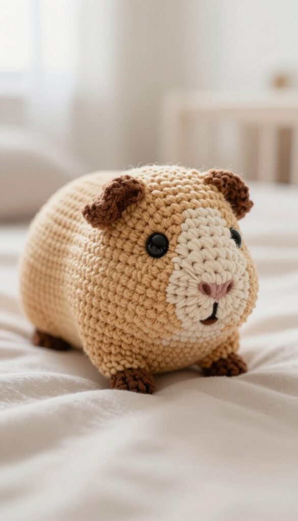 Crochet guinea pig rattle on a baby blanket in natural light