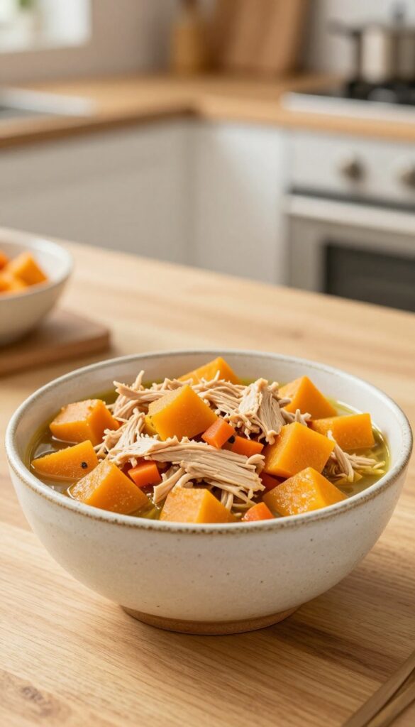 Homemade butternut squash and chicken stew for dogs in a ceramic bowl on a wooden table