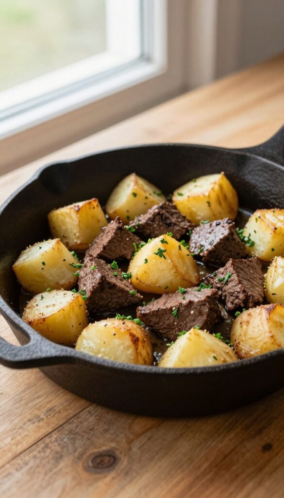Beef liver and potato skillet dog food topper in a cast-iron skillet, garnished with parsley, natural lighting, rustic table setting.