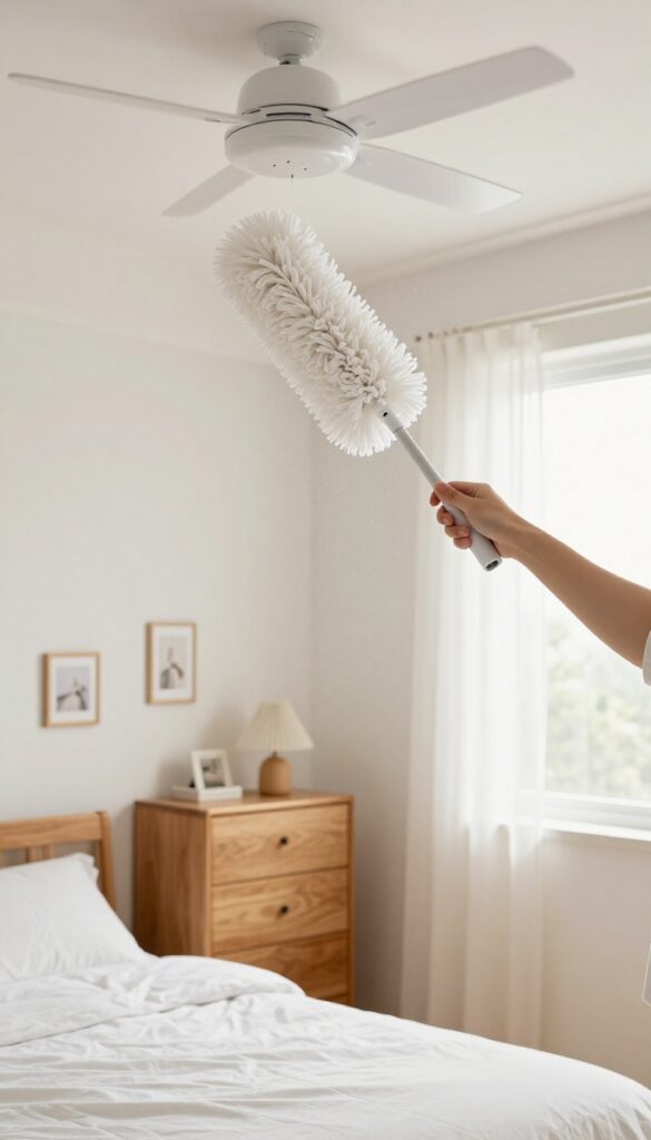 Person dusting a ceiling fan with an extendable duster in a bright, clean bedroom