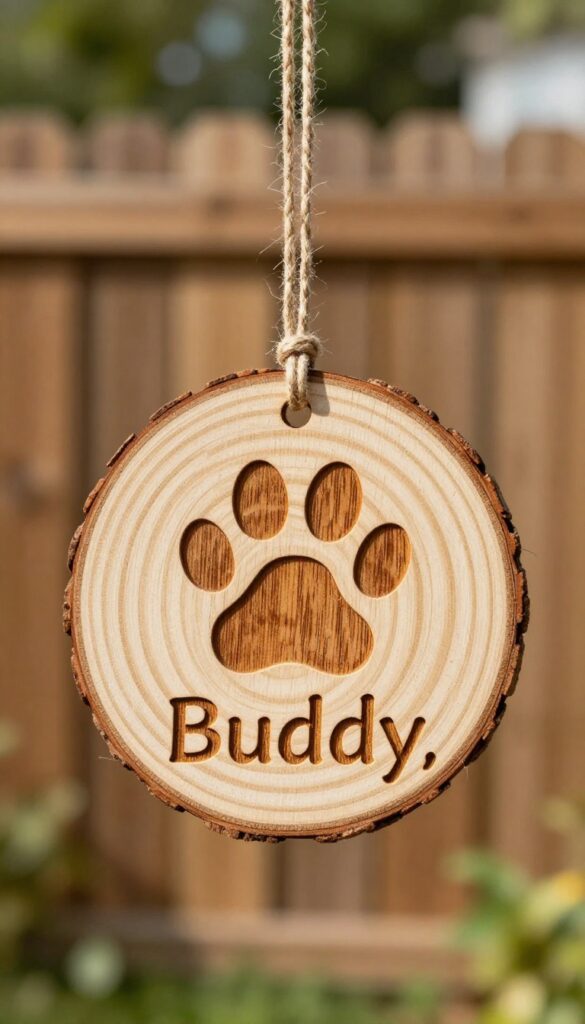 Engraved wood slice ornament hanging on a fence, personalized with a dog's name and paw print, rustic memorial keepsake.