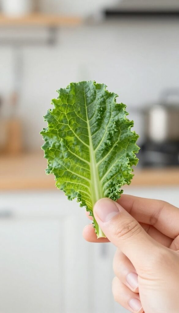 Fresh kale leaf held near a guinea pig's nose, bright natural light, clean composition