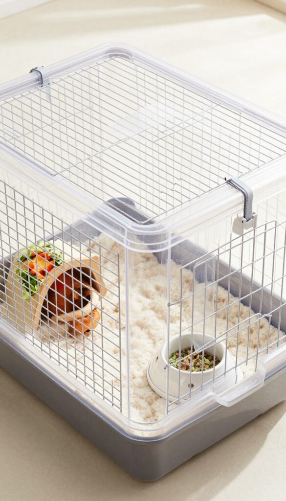 Clear plastic storage bin transformed into a guinea pig cage with mesh lid, bedding, hideout, food bowl, and water bottle.