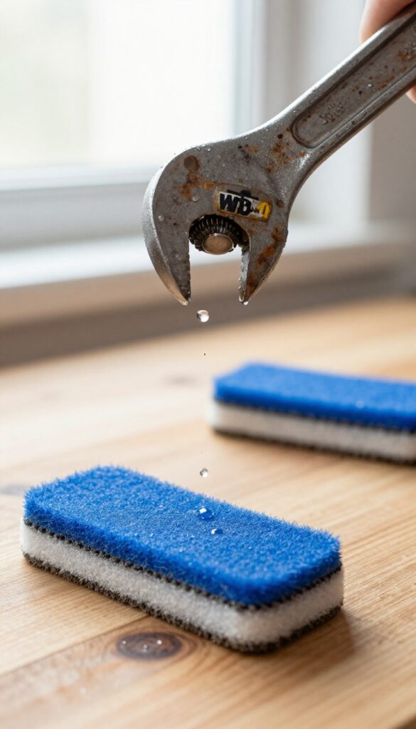 A rusty wrench being sprayed with WD-40, with a nylon scrub pad nearby on a workbench.