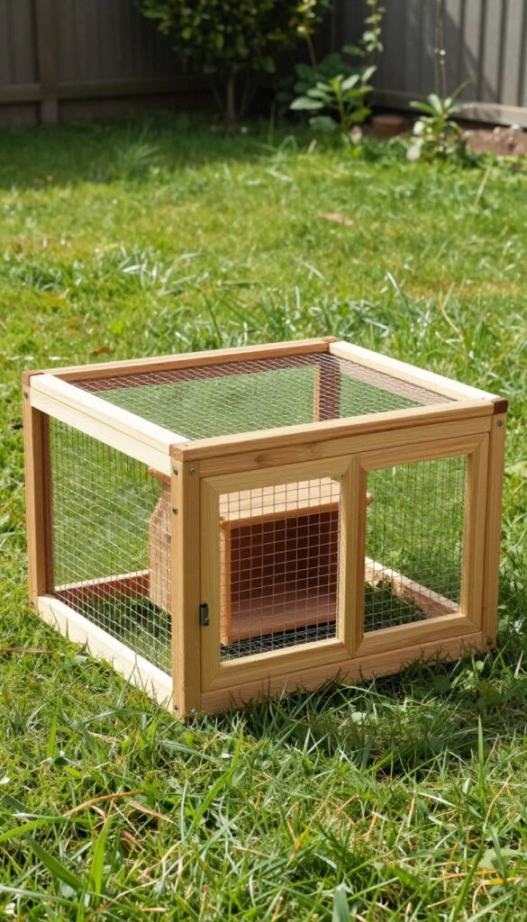 DIY wooden guinea pig run with wire lid on grass in sunny backyard