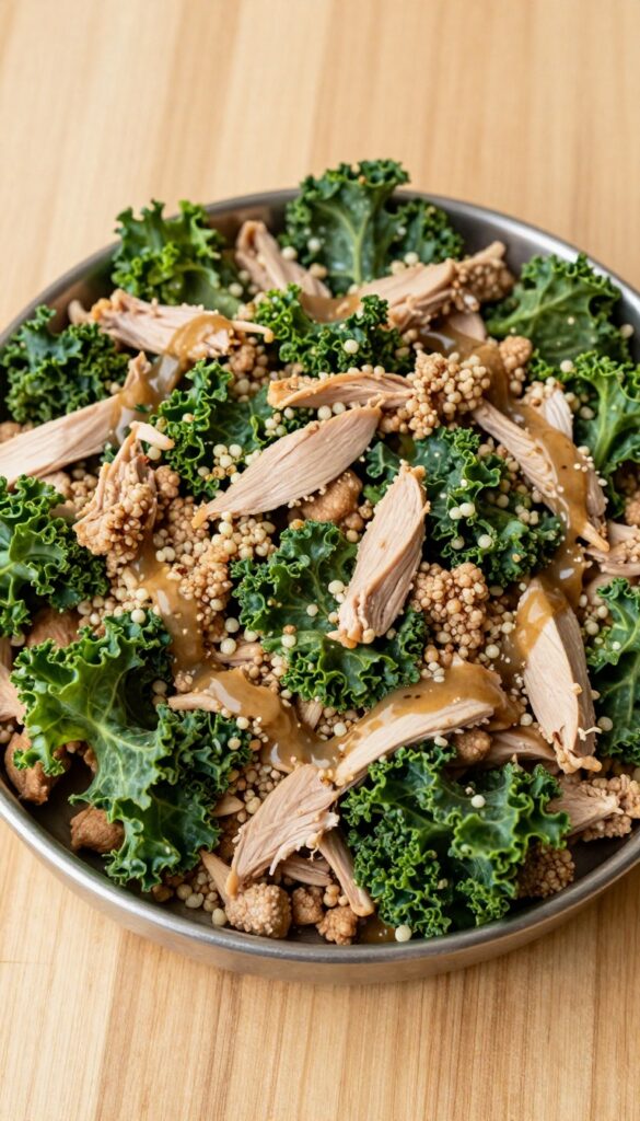 Homemade dog food grain bowl with turkey, kale, quinoa, and bone broth.