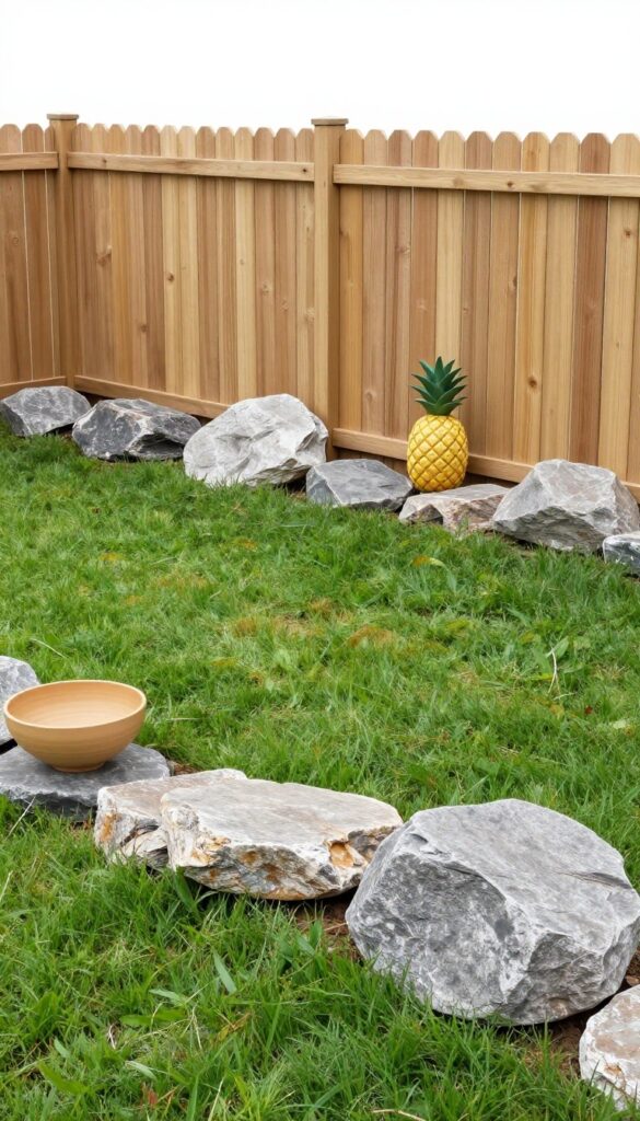 Large decorative rocks barrier along fence line to prevent dog digging
