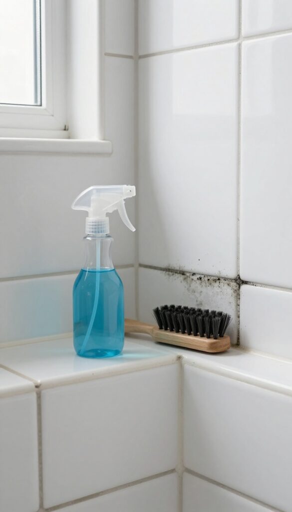 Close-up of moldy shower grout with bleach spray bottle and brush, bright natural light